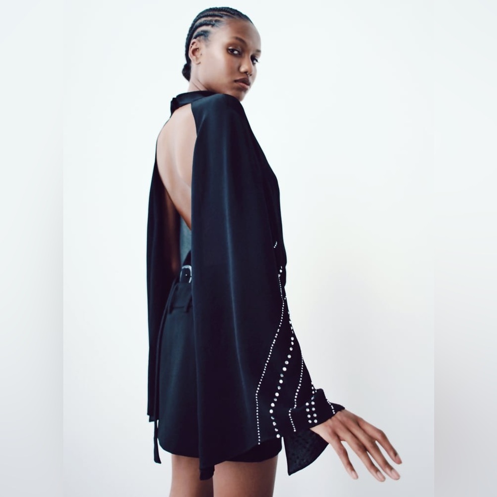 🆕ZARA Rhinestone Cape Sleeve Blouse - Picture 4 of 8